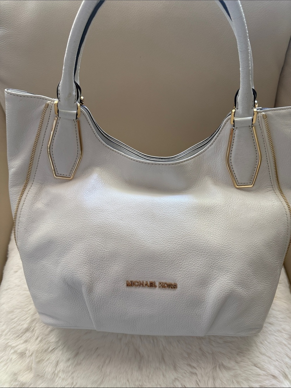 Michael Kors Cream Leather Tote with Gold Hardware